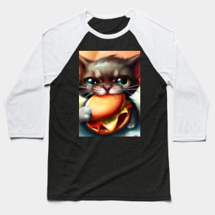 Cat eating Burger Baseball T-Shirt